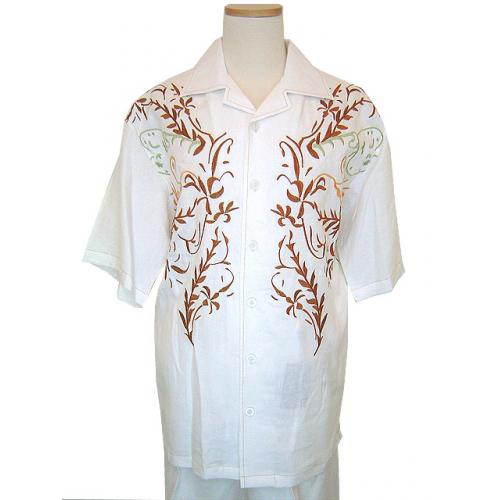 Prestige 100% Linen Embroidered White/Brown Outfit EMB8222S